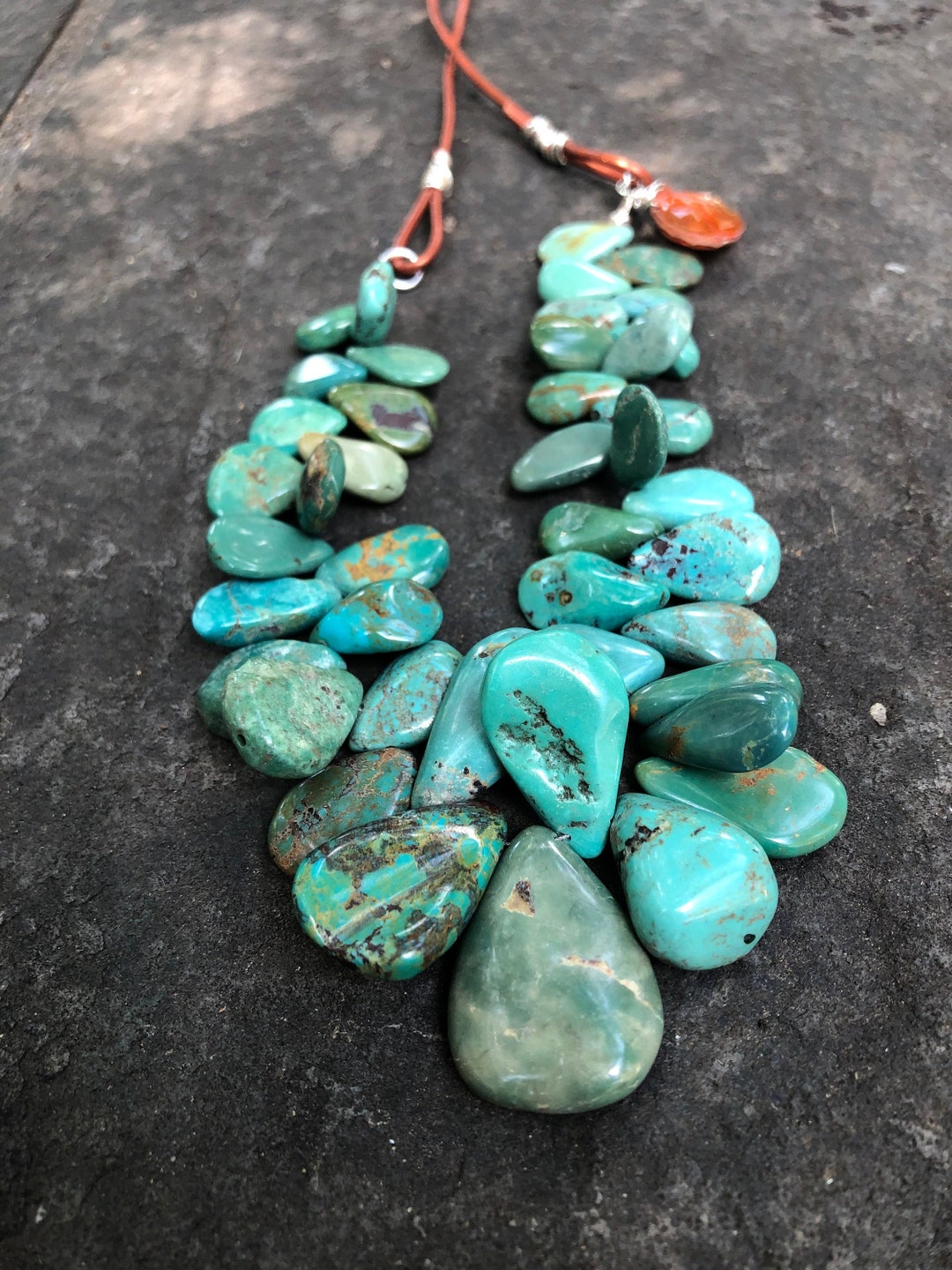 Natural Turquoise Teardrops And Leather Necklace Etsy Uk