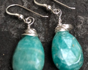 Amazonite Teardrop Sterling Silver Wire Wrapped Drop Earrings