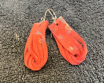 Coral Red Twisted Leather Hoop Earrings   Genuine Leather Hoop Earrings  Twisted Leather Hoops