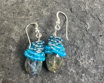 Labradorite Briolettes Teardrops with Apatite Gemstone Bead Cap on Sterling Silver Ear Wires