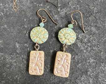 Turquoise  washed Gold Dahlia and Etched Golden Slabs with Swarvoski Crystals Czech Glass Dangle Earrings \\Urban Boho Jewelry