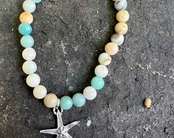 Amazonite and Artisan Designed Starfish  Charm Stretch Bracelet  / Sundance Style/