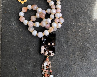 Sakura Chalcedony and Freshwater Pearls with Pearl and Carnelian Rosary Chain Tassel necklace    Flower Agate