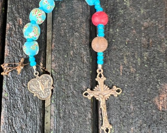 Sky Blue Ghana Krobos and Red Glass AfricanTrade Bead Dove Medal and Radiant Antiqued Bronze Crucifix  Episcopal Chaplet Anglican Chaplet