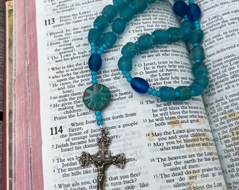 Blue Glass African Trade Beads Anglican Rosary with Ethiopian Cross Protestant Prayer Beads    Episcopal Rosary White Bronze Crucifix