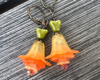 Tiger Lily Vintage Lucite and Czech Glass Earrings  Flower Earrings   Woodland Earrings Boho Jewelry Fairy Core Earrings