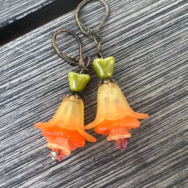 Tiger Lily Vintage Lucite and Czech Glass Earrings  Flower Earrings   Woodland Earrings Boho Jewelry Fairy Core Earrings