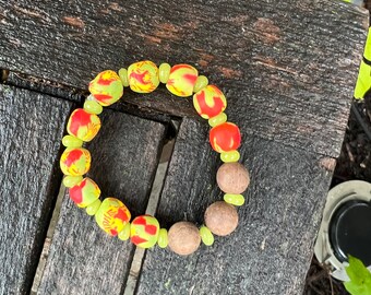 Red and Soft Green Ghana African Trade Beads and Sandalwood Stretch Bracelet   Boho Tribal Jewelry  Layering Bracelet Krobo  Ghana beads