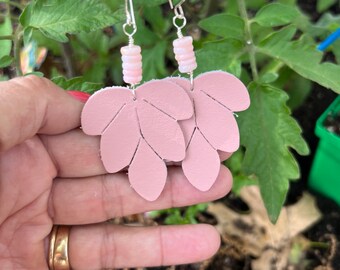 Light Pink Embossed Leaf  Leather Teardrop with Pink Peruvian gemstones Earrings   Gift for Her  Teardrop Earrings  Textured Earrings