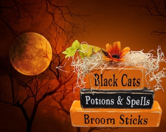 Potions & Spells Halloween Block Decor, Spooky Home Decor, Black Cat Shelf Sign for Her, Fall Table Centerpiece Gift