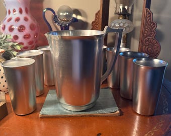 Stunning Vintage MCM Art Deco Nouveau Kensington Set of Aluminum Pitcher and Tumblers Cups