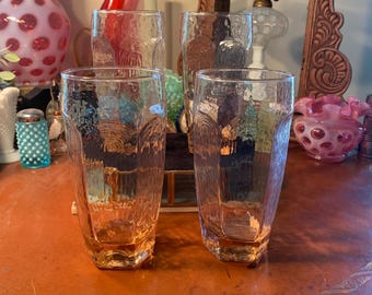 Amazing Chivlary Pink Libbey Glass Company set of 4 Cooler Glasses Paneled 6 1/8”