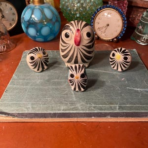 Amazing Vintage Lot of 4 Tonala Mexican Art Pottery Painted Family of Owls