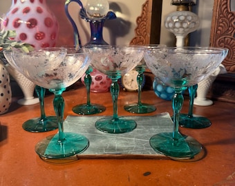 Beautiful Vintage Antique Weston? Tiffin? Etched Depression Clear Green Footed Uranium Water Wine Champagne Glass Cordials (As Is) GLOWS!