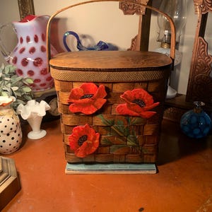 Increíble bolso vintage con asa superior, espejo, tapa, madera, flores, pintado a mano