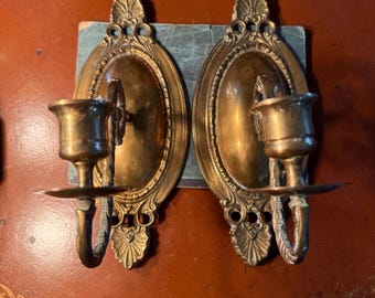 Victorian Style Brass Wall Sconces: Shell and Scroll Candle Holders 9 3/4” High 4” Across