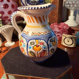 Amazing Pitcher Spanish Pottery Family De Ia Ial Puente Espana Small 6” Tall Cottagecore Floral  Signed