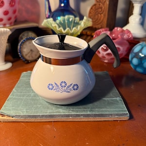May include: A white teapot with a black lid and handle, featuring a blue floral pattern on the front. The pot has a metallic band around the neck and is positioned on a flat surface. The design includes three blue flowers with leaves.
