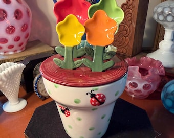 Amazing Whimsical Vintage Pier One Measuring Spoon & Cup Flower Pot Lady Bug Polka Dot 4 1/4” Tall Cottagecore Farmhouse