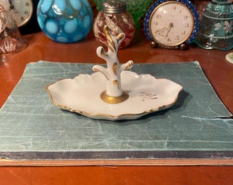 Beautiful Vintage Porcelain Gold White Germany Vanity Ring Tree Holder