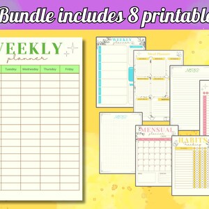Puede incluir: Un conjunto de ocho páginas de planificador imprimibles con un diseño floral. Las páginas incluyen un planificador semanal, un planificador de comidas, un planificador mensual, un planificador diario y un rastreador de hábitos.