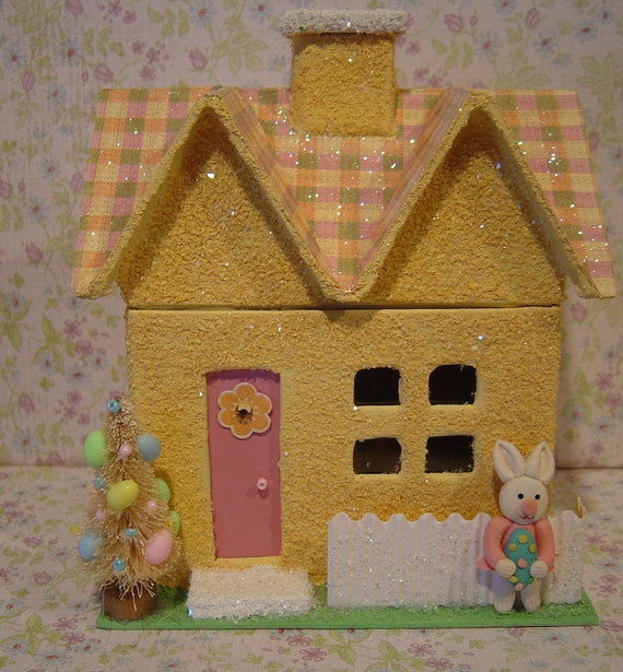 Items similar to Easter Paper Mache 7inch Lt. Yellow Glitter House on Etsy