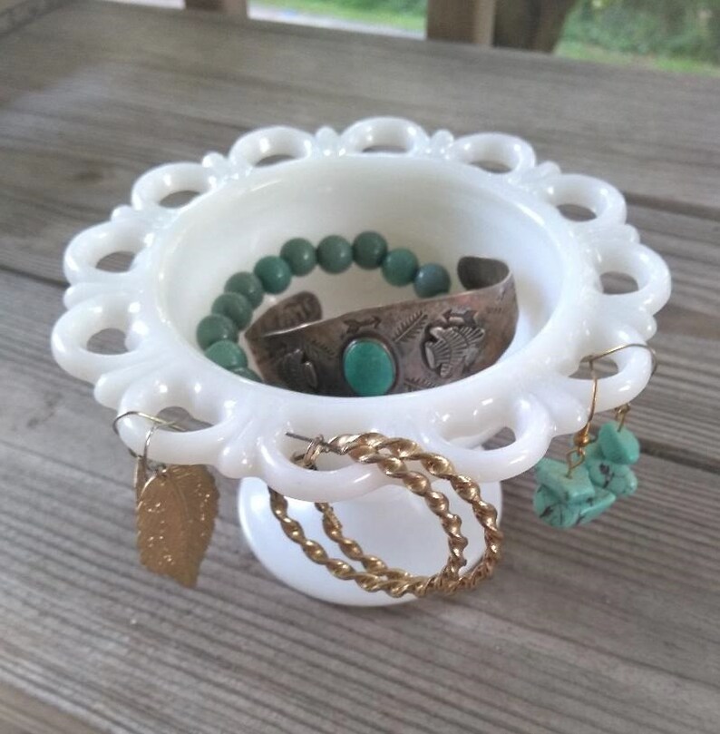 Vintage Milk Glass Open Lace Pedestal Bowl Jewelry Holder Etsy