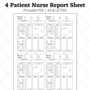 May include: Four printable patient nurse report sheets in black and white. Each sheet has sections for patient information, presentation, neuro, cardio, respiratory, skin/musc, pain, diet, meds, notes, and plan.