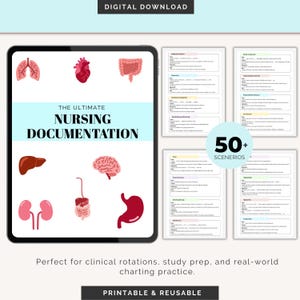 Può includere: Download digitale di documentazione infermieristica. L'immagine mostra un tablet che mostra illustrazioni anatomiche di organi, tra cui polmoni, cuore e cervello. Le pagine di accompagnamento presentano oltre 50 scenari. Il testo recita "The Ultimate Nursing Documentation" e "Printable & Reusable."