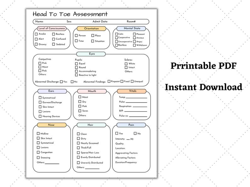 Head to Toe Assessment Nursing Template | Nursing Guide | Health ...