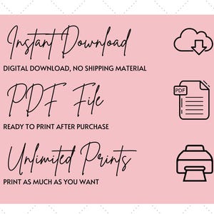 K&ouml;nnte beinhalten: Rosa Grafik f&uuml;r digitalen Download mit dem Text "Sofort-Download", "Digitaler Download, kein Versandmaterial", "PDF-Datei", "Nach dem Kauf druckbereit", "Unbegrenzte Ausdrucke" und "Drucken Sie so viel Sie wollen". Die Grafik enth&auml;lt auch Symbole einer Wolke mit einem Download-Pfeil, einer PDF-Datei und einem Drucker.