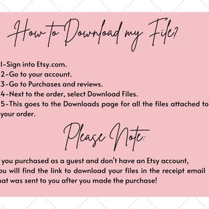 K&ouml;nnte beinhalten: Rosafarbener Hintergrund mit schwarzem Text, der erkl&auml;rt, wie man digitale Dateien herunterl&auml;dt, die auf Etsy.com gekauft wurden. Der Text enth&auml;lt Anweisungen, wie man auf die Download-Seite f&uuml;r alle an eine Bestellung angeh&auml;ngten Dateien zugreift. Es wird auch darauf hingewiesen, dass der Download-Link in der Empfangs-E-Mail enthalten ist, wenn ein Kauf als Gast get&auml;tigt wurde.