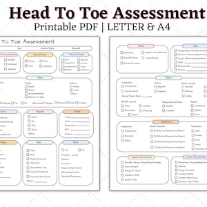 May include: Printable PDF document titled "Head To Toe Assessment" with sections for medical evaluations. Includes areas for recording patient information, level of consciousness, eyes, ears, mouth, and other vital signs. Available in Letter and A4 sizes.