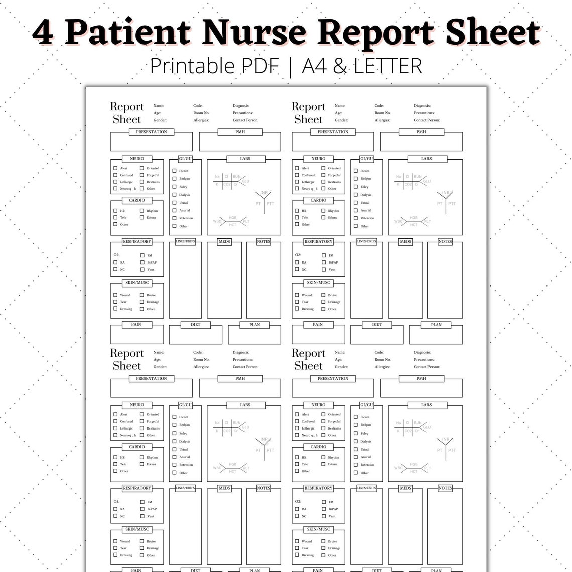 Nurse Report Sheet, Nurse Brain Sheet, Med Surg Nurse Report Sheet, Printable Nursing Report ...