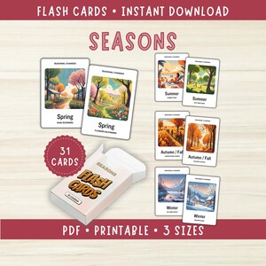 Carte flash mignonne des saisons pour Montessori, carte flash de matériel éducatif pour la salle de classe pour les enseignants, cartes PDF imprimables pour enfants d'âge préscolaire pour maman