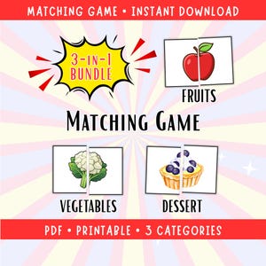 3-in-1 Preschool Matching Game Printable, Montessori Learning Material Fruit Vegetable Dessert Educational Homeschool Toddler Class Activity