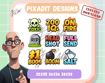Twitch Text Emote Pack | 9 Streamer Chat Emotes | Reaction Words & Hype Icons | Instant Download | 112x112 PNG