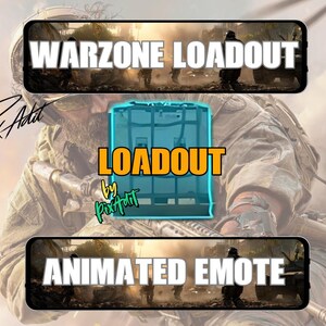 May include: Digital artwork featuring the text "WARZONE LOADOUT" and "ANIMATED EMOTE" in white, set against a blurred military scene. A blue and orange "LOADOUT" graphic is centered. The artist's signature is visible.