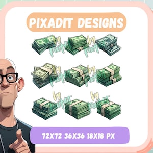Op de afbeelding: Digitale illustratie met stapels groene bankbiljetten, elk gebonden met een papieren band. De afbeelding bevat de tekst "PIXADIT DESIGNS" en pixelafmetingen. De achtergrond is een lichtgroen raster.