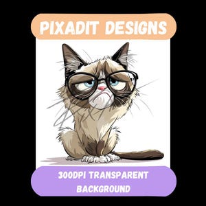 Grumpy Cat T-shirt Design | 4800x4800 px PNG | 300 DPI | Cartoon Kat met Bril | Transparante Achtergrond | Directe Download