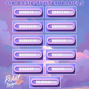Op de afbeelding: Een set van 11 Twitch-panelen in een zacht paars en wit kleurenschema. Elk paneel heeft een afgerond rechthoekig ontwerp met tekst zoals "Website", "About Me" en "Subscribe". De achtergrond is een verloop van paars en blauw.