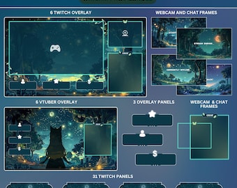 Grün und Blau Wald Nachthimmel animierte wunderliche gemütliche Twitch Stream Pack | Loficore Cottage Overlay für Luftschlangen | Vtuber Overlay