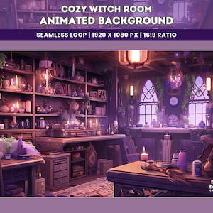 May include: A cosy witch's room with a wooden counter, shelves filled with potions and candles, and two windows with a view of a purple sky. The room is lit by candles and a hanging lantern. The text "COZY WITCH ROOM ANIMATED BACKGROUND SEAMLESS LOOP | 1920 X 1080 PX | 16:9 RATIO" is displayed at the top of the image. The text "byte burst CREATIONS" is displayed at the bottom of the image.