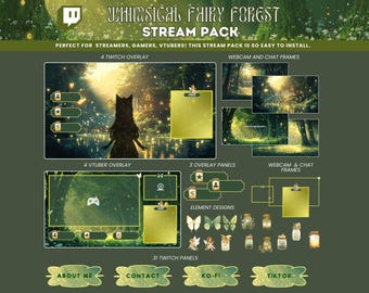 Grün Wunderliche Fee Zauberwald Stream Overlay Pack Fantasy Lo-fi Cottagecore Twitch Vtuber Overlay Animierter Hintergrund Stream Screen