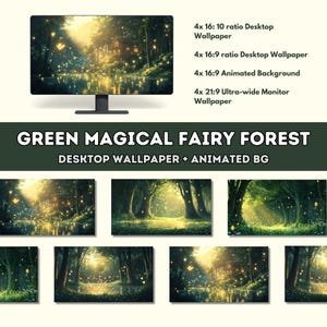 Green Whimsical Magical Fairy Forest Cozy Desktop Wallpaper Pack | Lofi Cottagecore Nature | HD Digital Wallpaper Set Ultra-wide Monitor
