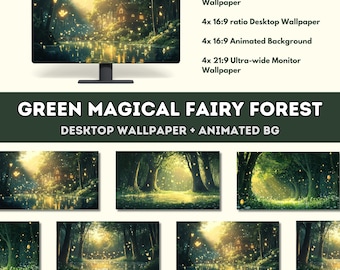 Paquete de fondos de pantalla acogedores para escritorio con bosque de hadas mágico, verde y caprichoso / Naturaleza Lofi Cottagecore / Conjunto de fondos de pantalla digitales HD para monitor ultra ancho