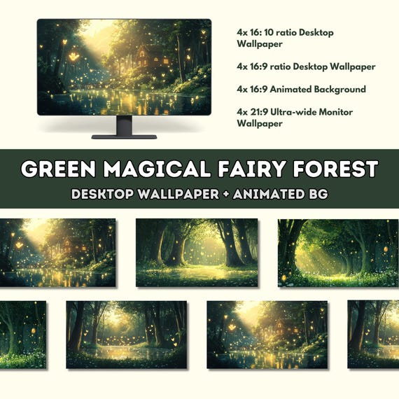 Green Fairy Forest Desktop Wallpaper | Lofi Cottagecore (Digital Download)