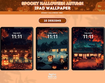 Cozy Spooky Halloween iPad Wallpaper Pack Lofi Aesthetic Background HD Wallpaper Jack o&#39; Lantern Pumpkin Autumn Theme Tablet Wallpaper