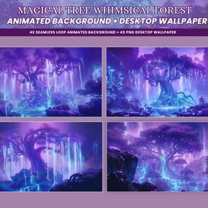 Sfondo animato di albero magico viola, foresta stravagante, loop senza soluzione di continuità, YouTube, Vtuber, Twitch, sfondo del desktop, sfondo fantasy