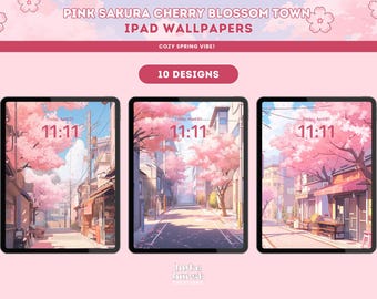 Pink iPad Wallpaper Spring Sakura Cherry Blossom Wallpaper Cozy Town Lofi Cottagecore Wallpaper Studio Ghibli High Quality Cute Wallpaper